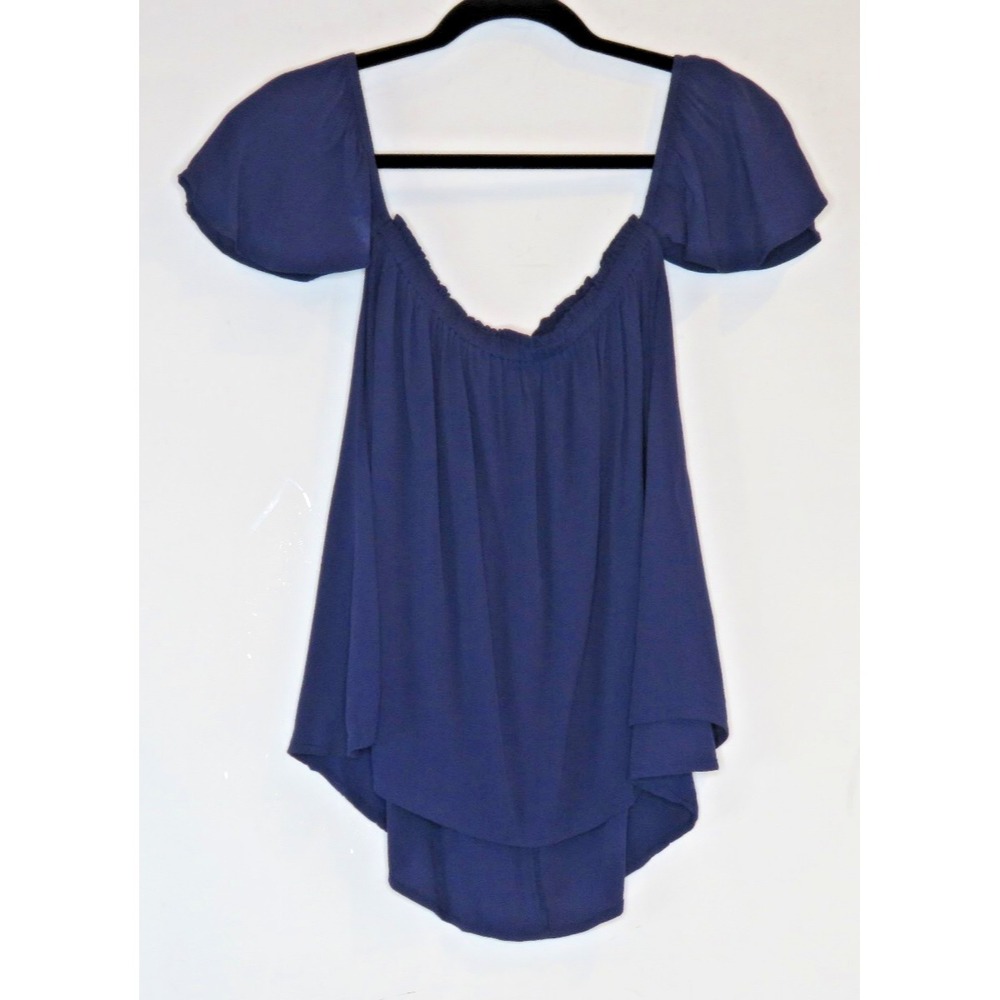 BLQ Solid Navy Lightweight Top Shirt Ruffled Collar Short Flutter Sleeve EUC